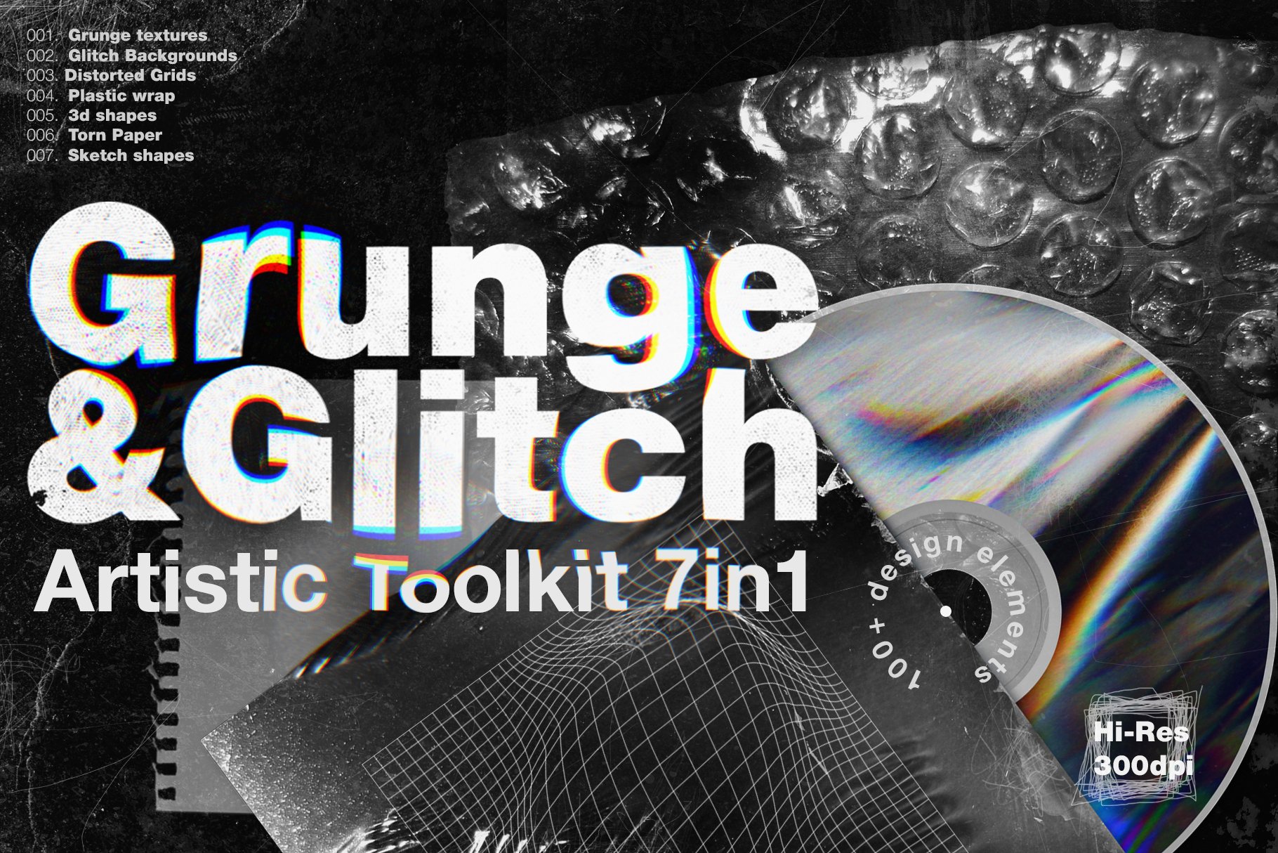 潮流抽象故障扭曲网格塑料薄膜海报设计背景纹理素材 Grunge&Glitch - Toolkit 7in1_img_2