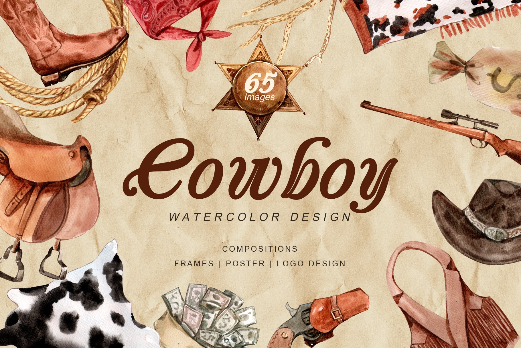 牛仔英雄元素水彩剪贴画PNG免抠图片素材 The Story of Cowboy Hero Watercolors Set_img_2