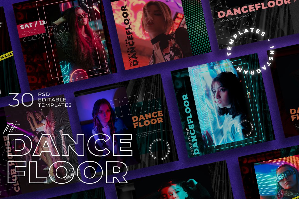 潮流霓虹城市风品牌推广新媒体电商海报设计PSD模板 Dance Floor - Instagram Template_img_2