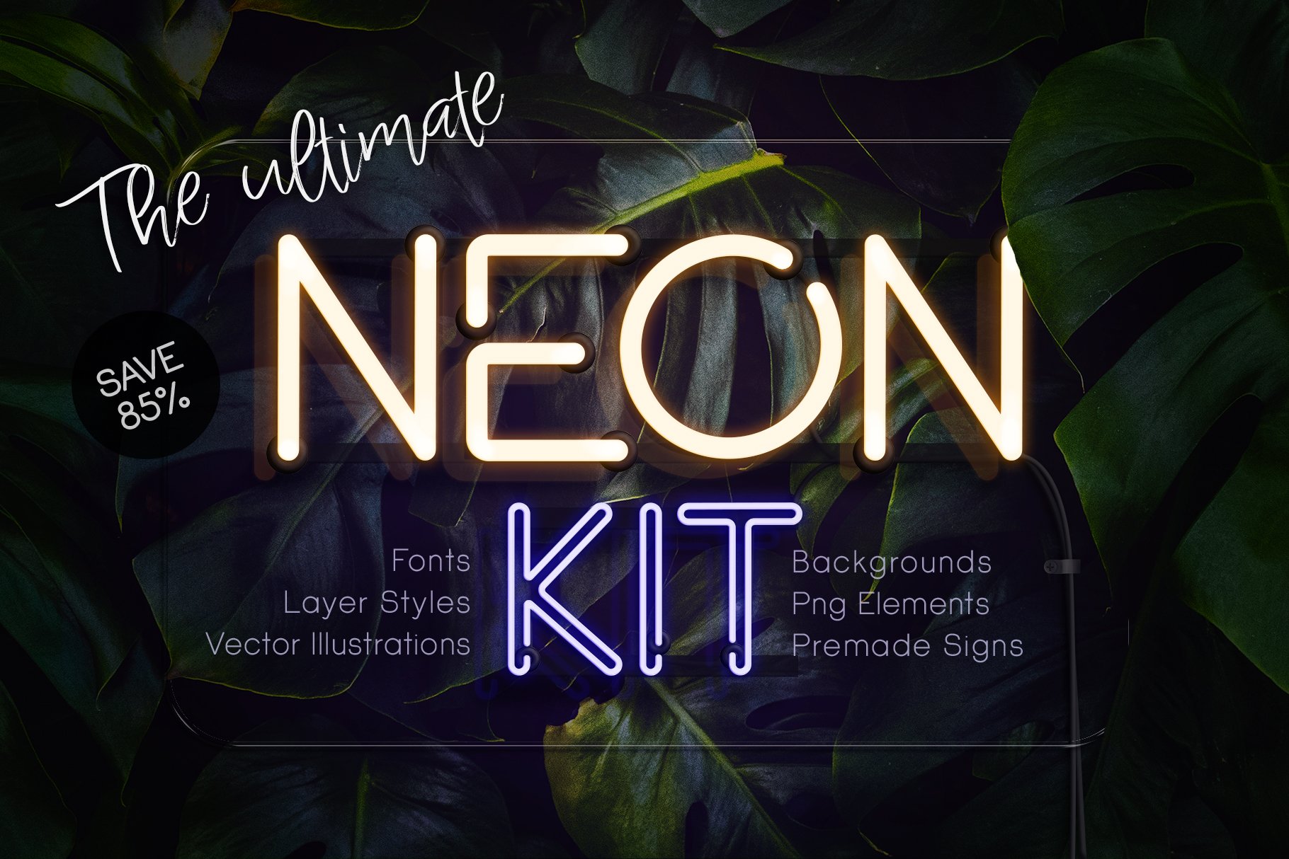 时尚霓虹灯发光特效字体图形元素设计PS样式模板套件 The Ultimate Neon Kit_img_2