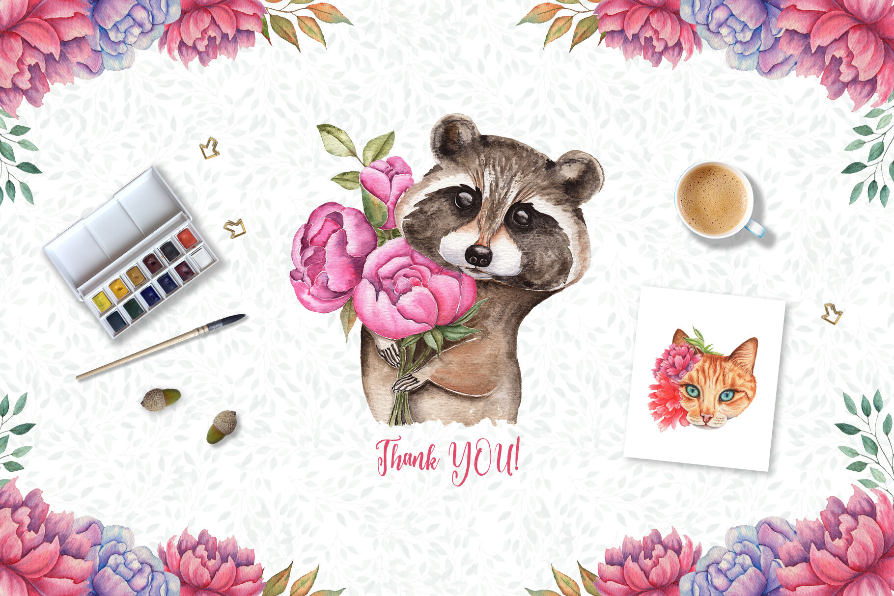 高清手绘花卉和动物水彩画图片集 Watercolor Flowers and Animals Set_img_2