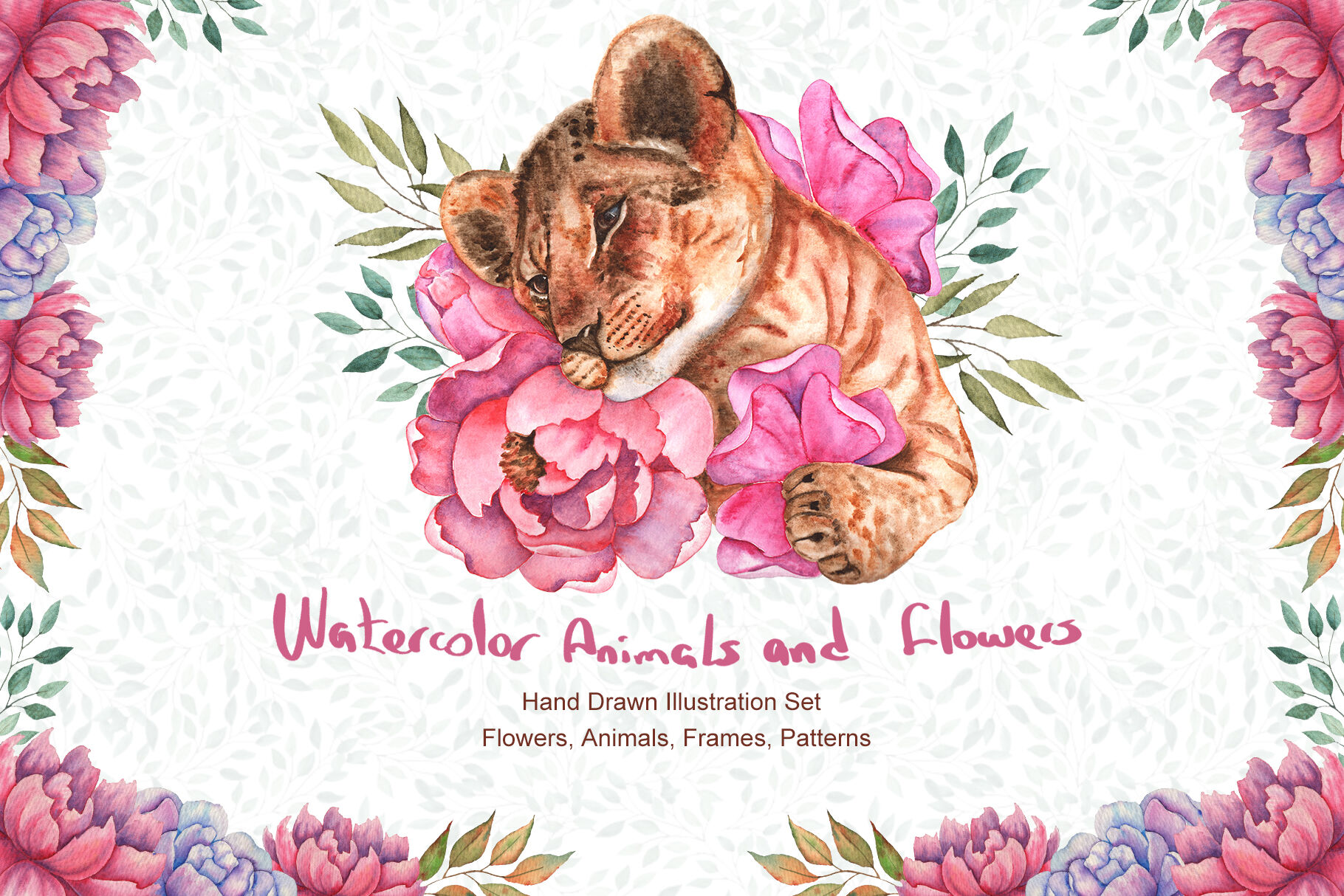 高清手绘花卉和动物水彩画图片集 Watercolor Flowers and Animals Set_img_2