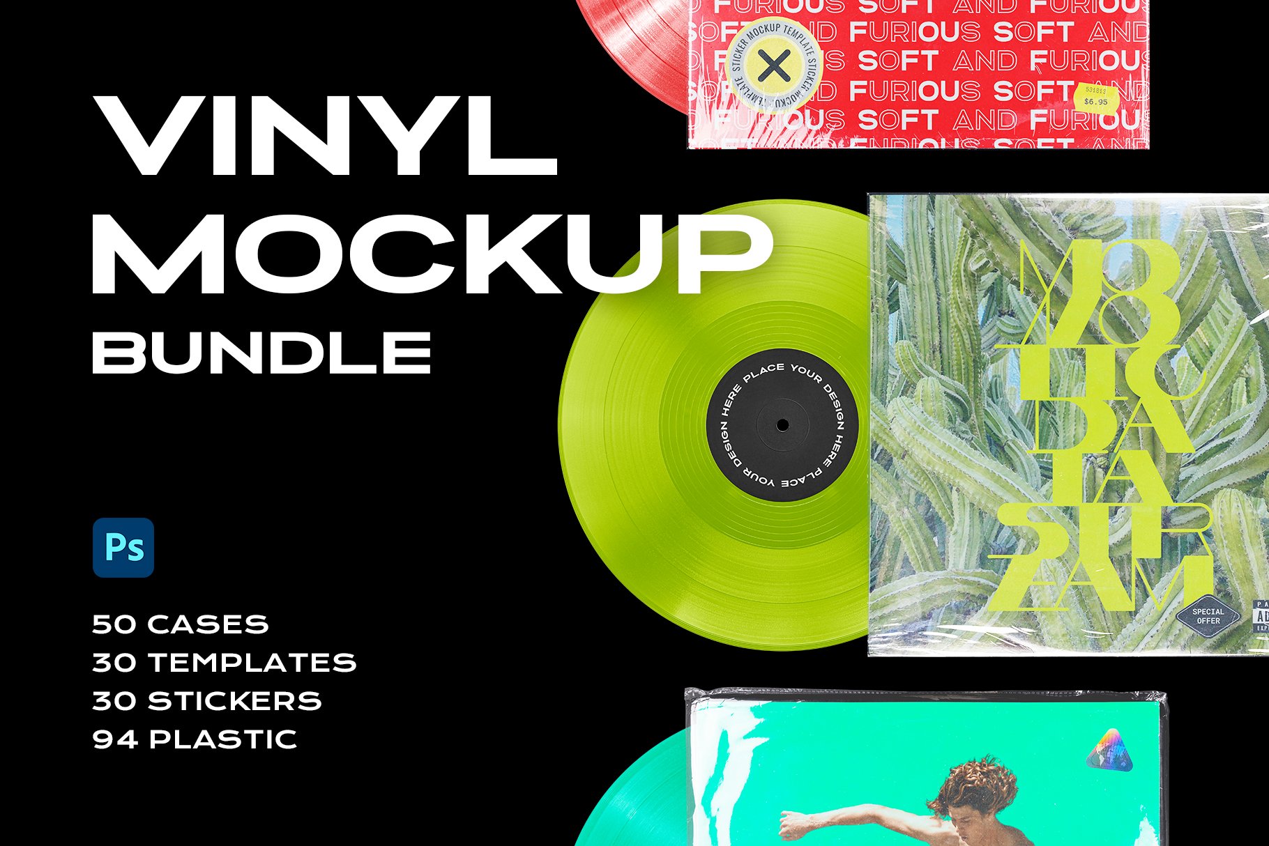 潮流CD唱片光盘塑料薄膜包装贴纸封面设计PS样机素材 Vinyl Mockup Bundle Template Record_img_2