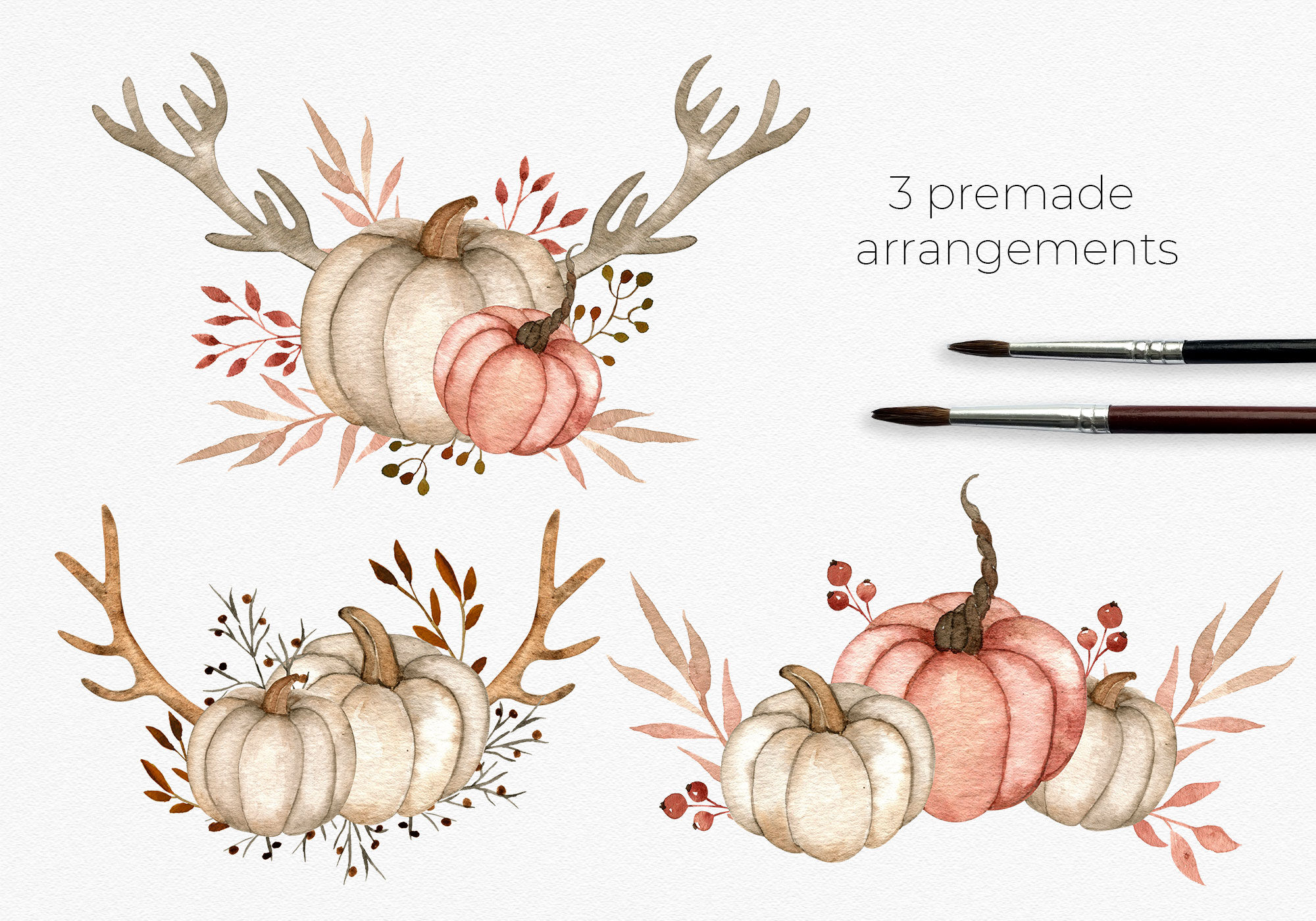 中性色调乡村秋季元素水彩剪贴画素材 Watercolor Pumpkins, Antlers, Feathers_img_2