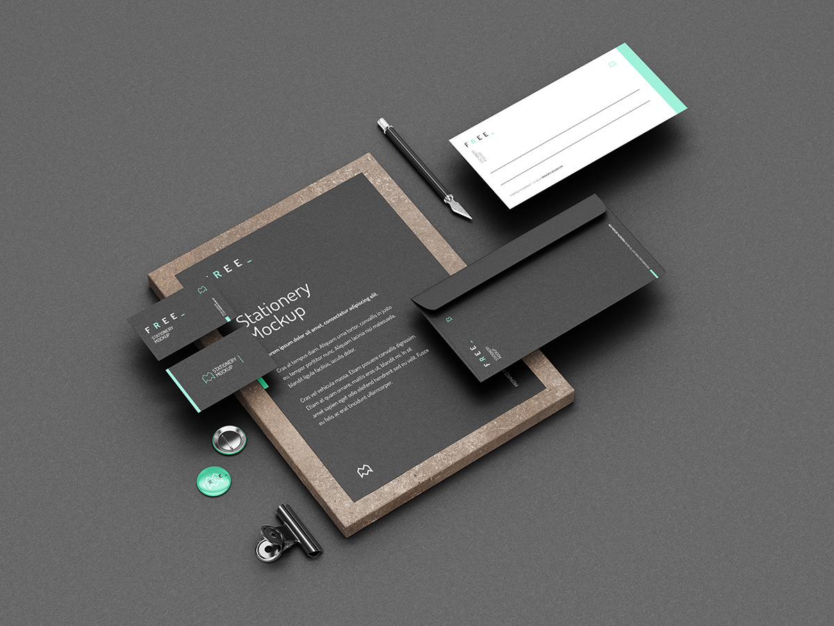 4款品牌VI设计深色办公用品展示样机模板 Dark Stationery PSD Mockups With Elegant Stone Cube_img_2