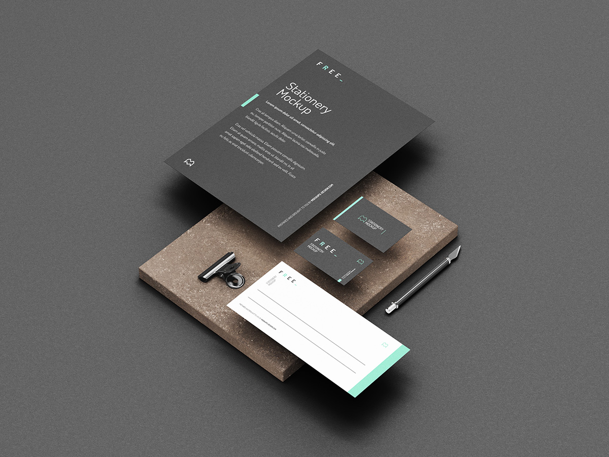 4款品牌VI设计深色办公用品展示样机模板 Dark Stationery PSD Mockups With Elegant Stone Cube_img_2