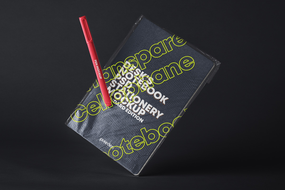 带有塑料袋悬浮笔记本封面设计展示PSD样机 Psd Notebook Transparent Cover Mockup_img_2