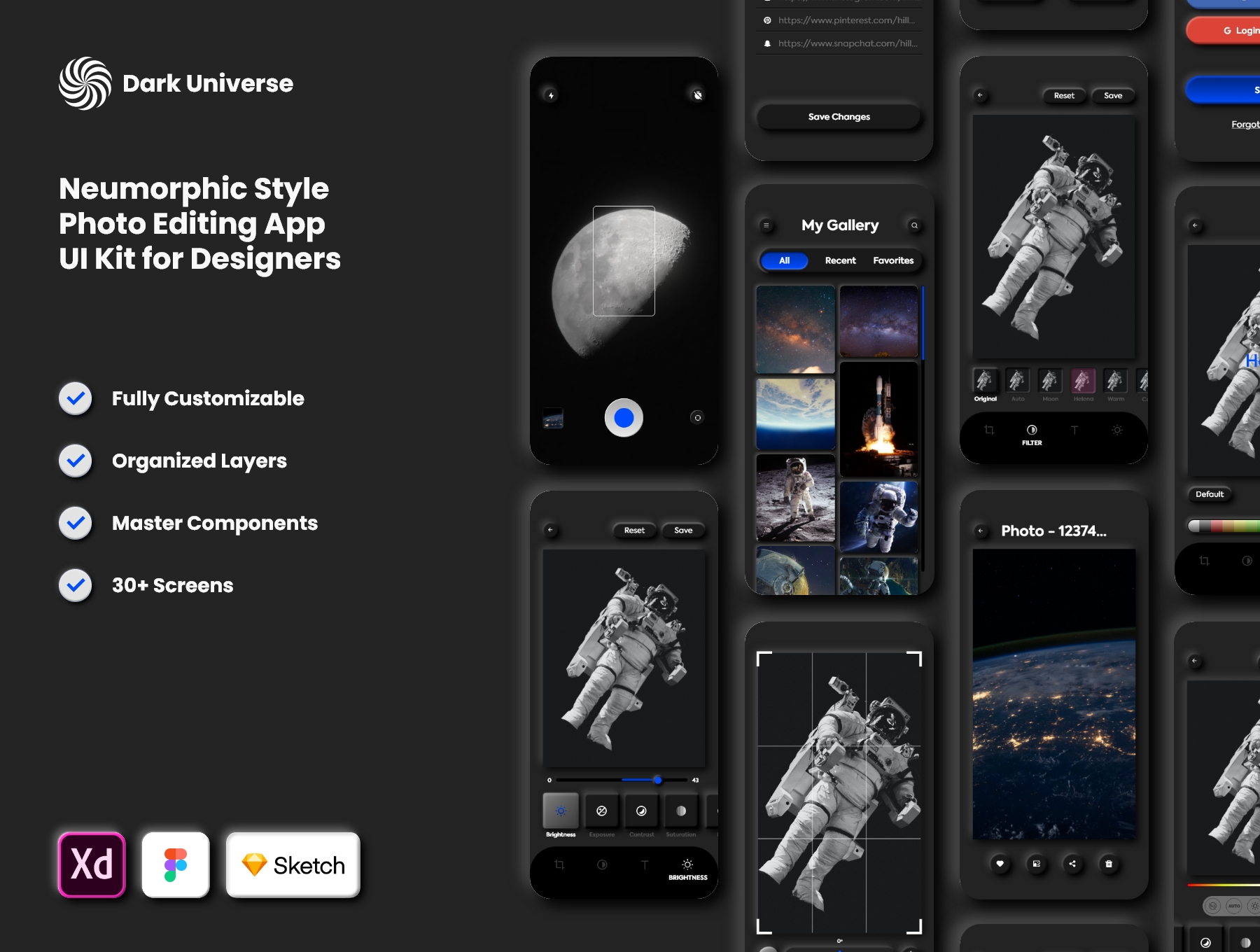 暗黑照片编辑管理社交应用程序APP UI套件 Dark Universe - Photo Editing App Neumorphic UI Kit (Dark Mode)_img_2