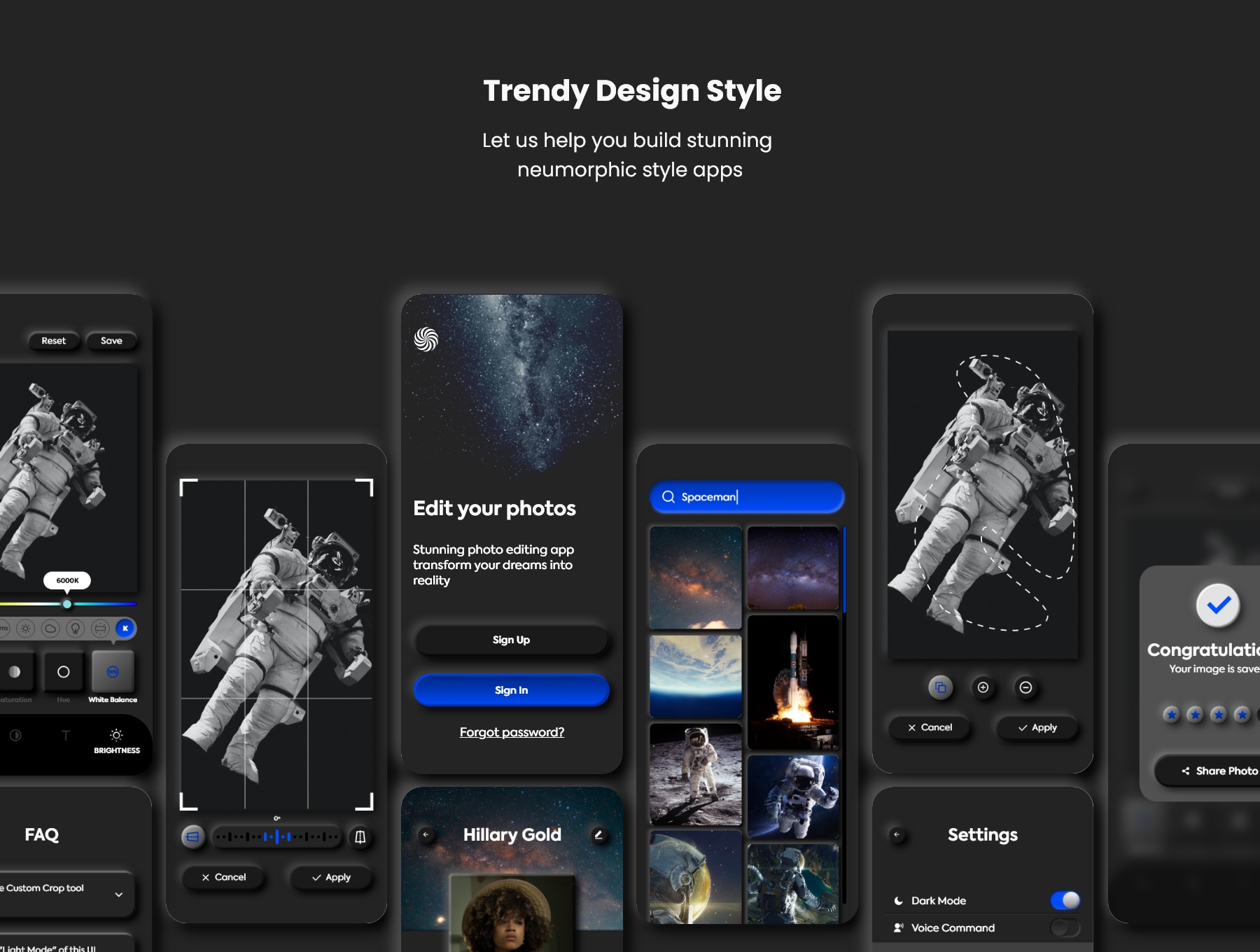 暗黑照片编辑管理社交应用程序APP UI套件 Dark Universe - Photo Editing App Neumorphic UI Kit (Dark Mode)_img_2