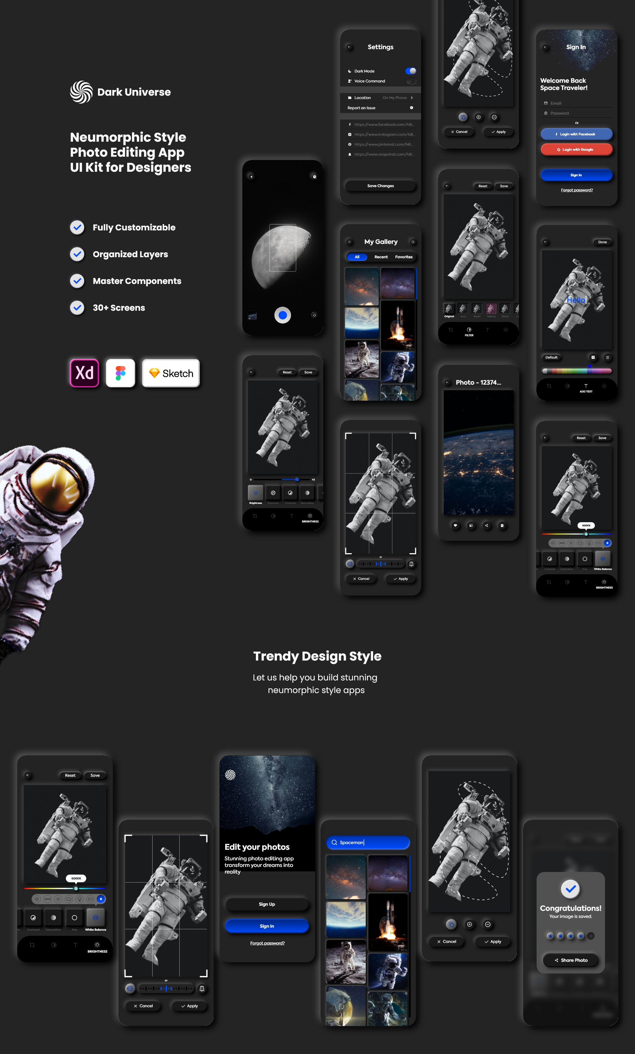 暗黑照片编辑管理社交应用程序APP UI套件 Dark Universe - Photo Editing App Neumorphic UI Kit (Dark Mode)_img_2