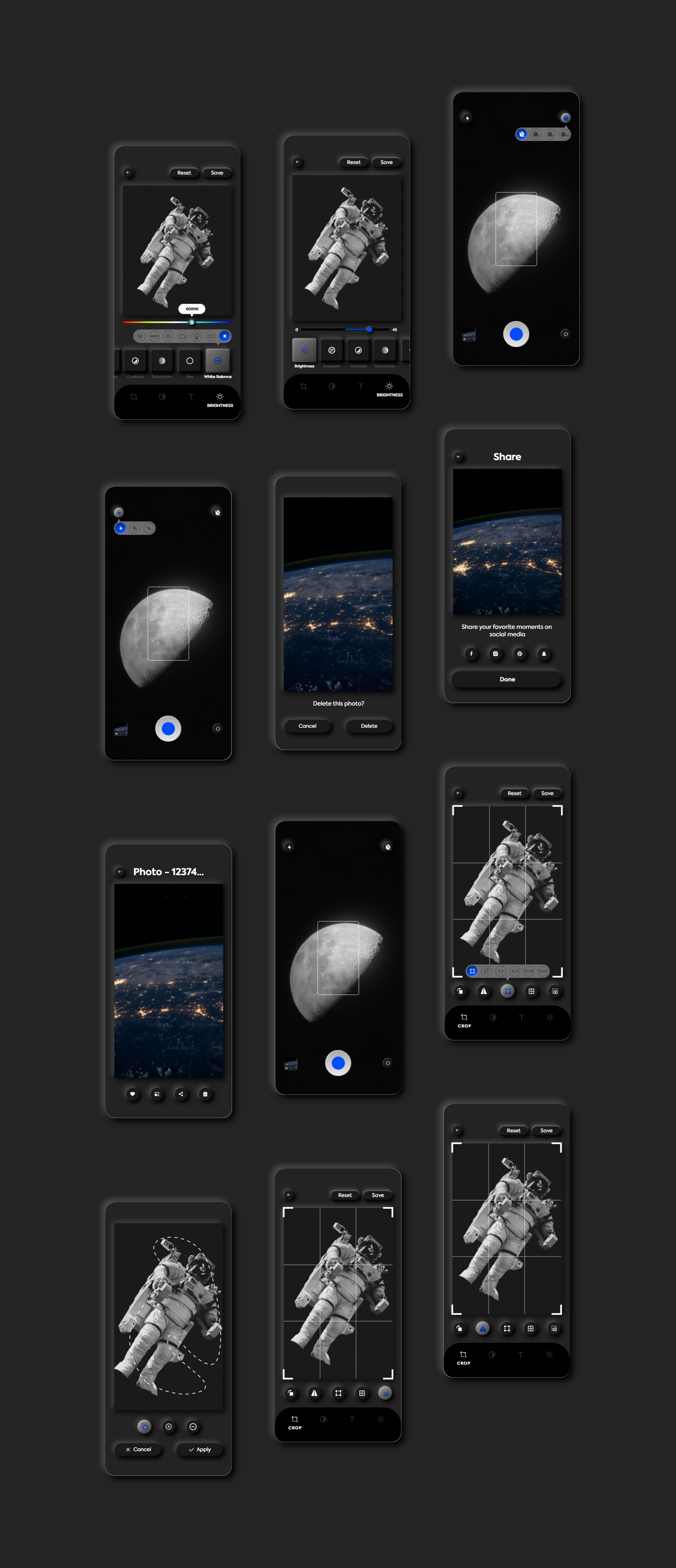 暗黑照片编辑管理社交应用程序APP UI套件 Dark Universe - Photo Editing App Neumorphic UI Kit (Dark Mode)_img_2