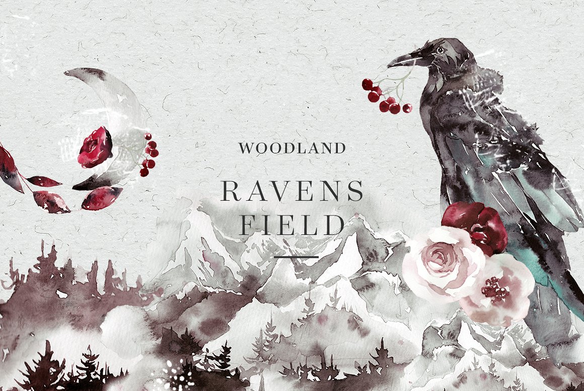 100多款高清手绘花卉植物山脉水彩画PNG透明图片素材 Woodland Ravens Field_img_2