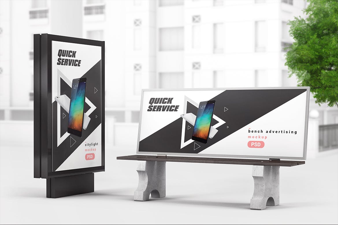 户外板凳广告牌设计展示样机 Bench Advertising Mockup_img_2