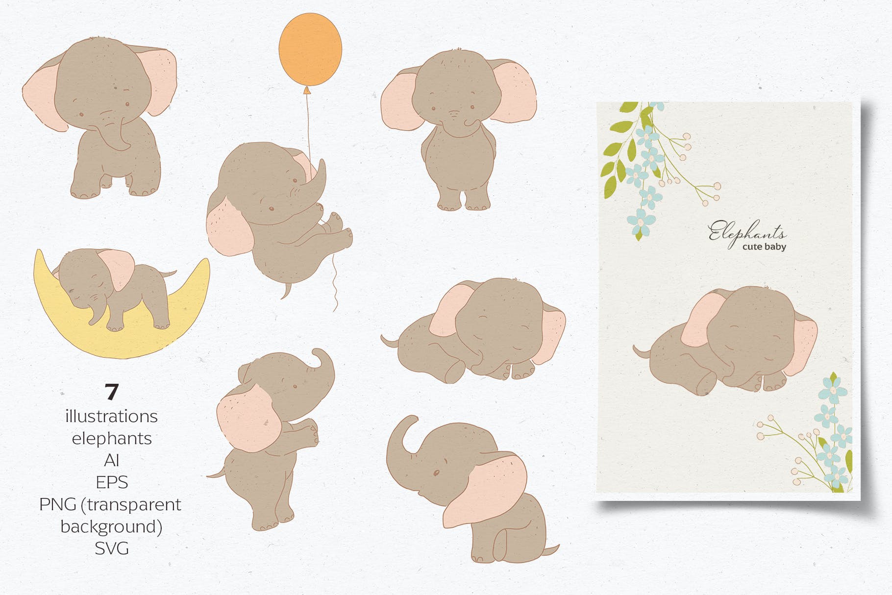 可爱卡通手绘大象花卉插画矢量素材 Baby Shower Elephants_img_2