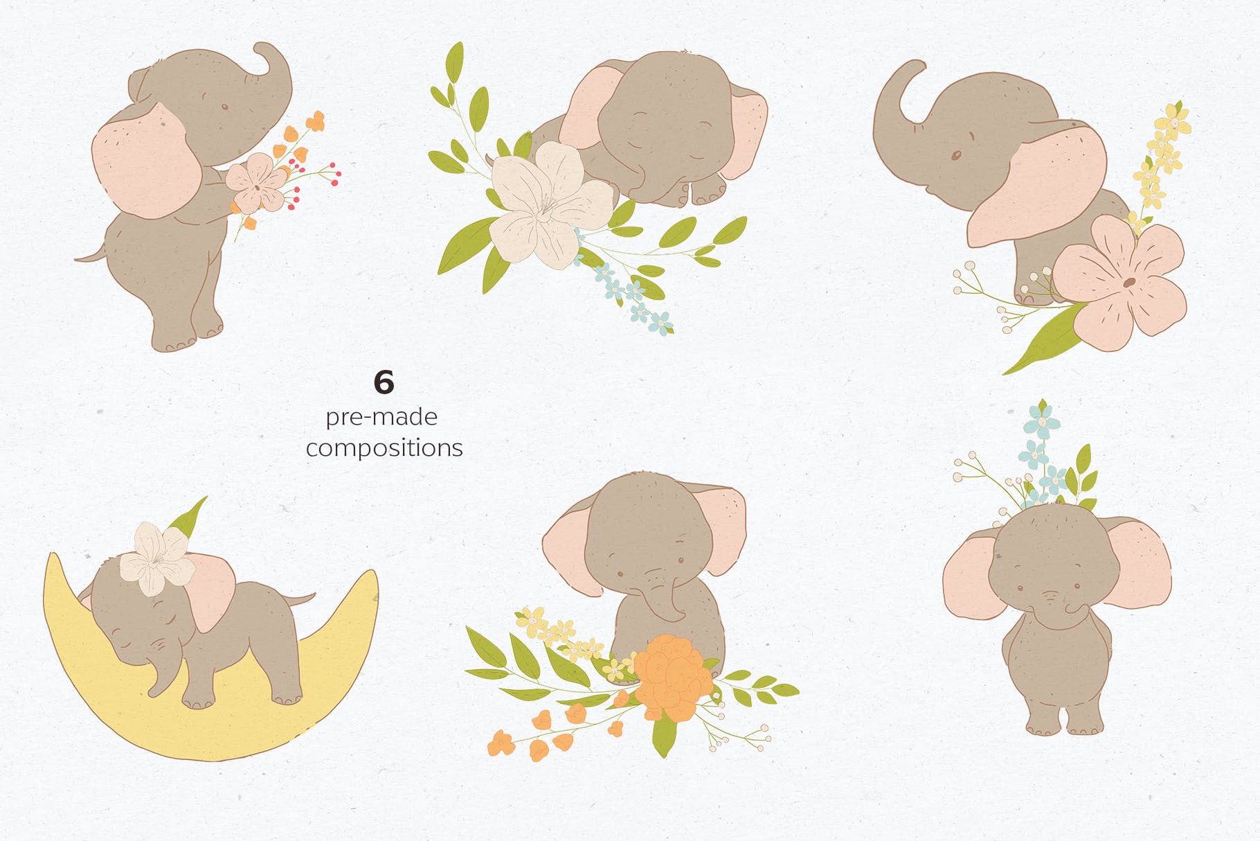 可爱卡通手绘大象花卉插画矢量素材 Baby Shower Elephants_img_2