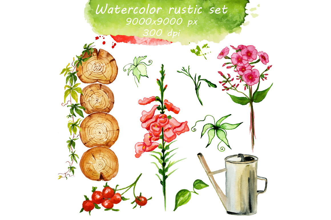 质朴手绘花朵蘑菇水彩画PNG免抠图片素材 Watercolor Rustic Set with Mushrooms_img_2