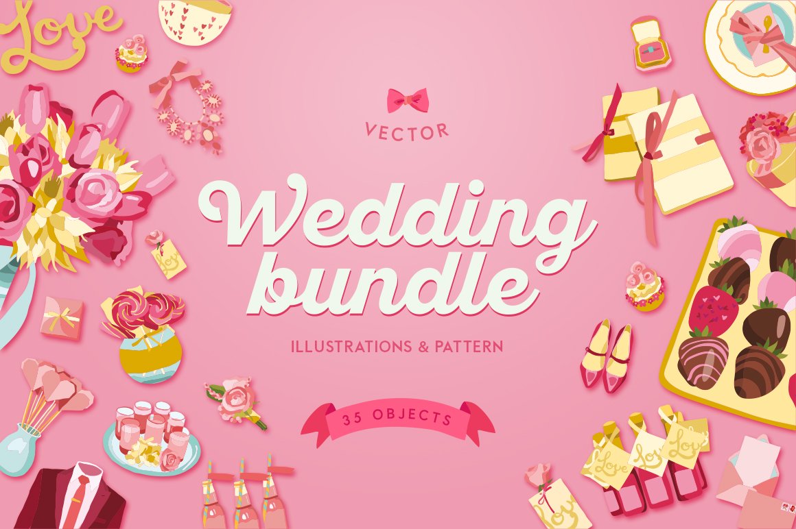 35个粉色婚礼元素矢量图案设计素材 Pink Wedding Illustrations Bundle_img_2