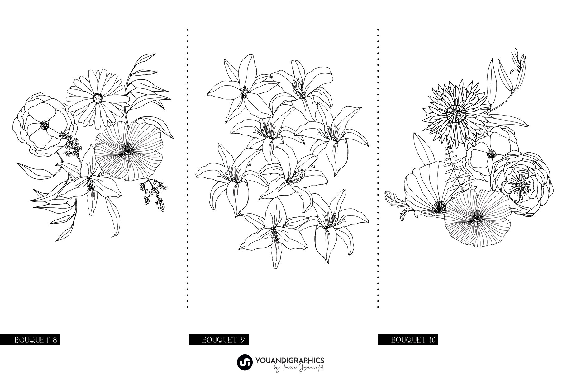 精美手绘花卉花朵无缝隙矢量线稿图案素材 Floral Blast Patterns And Bouquets_img_2