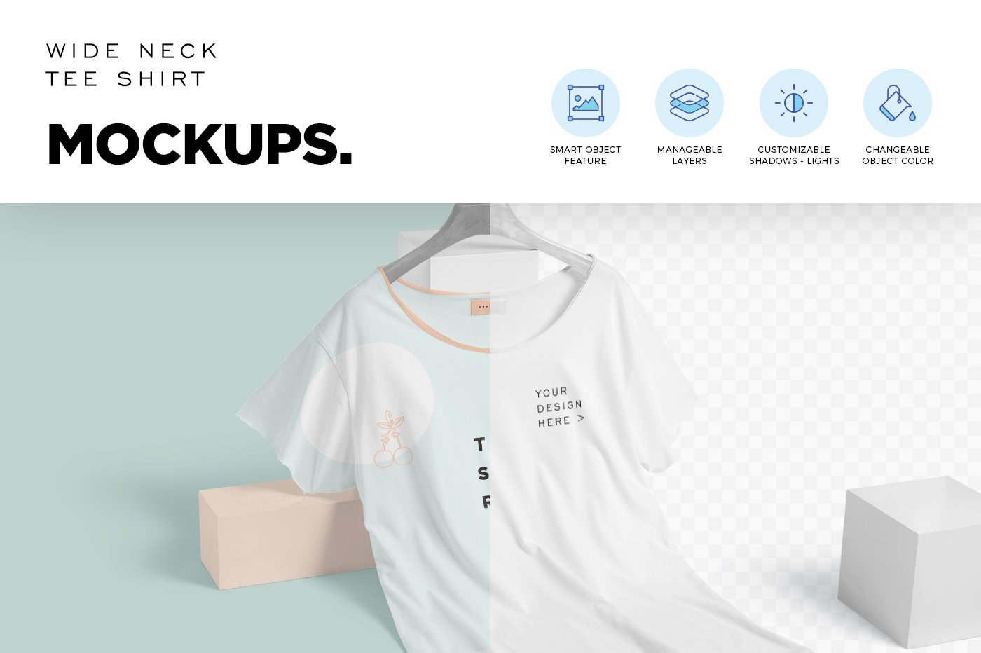 宽领半袖T恤印花设计展示样机 Wide Neck Half Sleeves T-Shirt Mockups_img_2