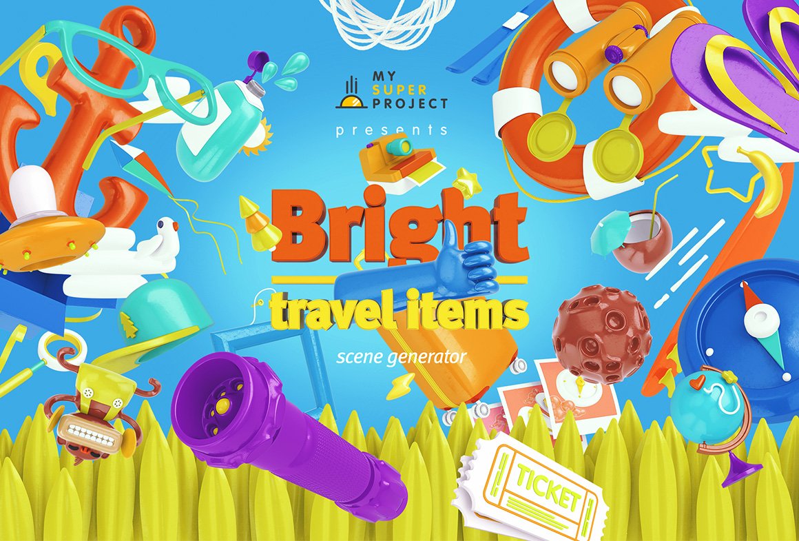 趣味卡通3D立体旅行主题场景元素海报设计智能贴图PSD样机素材 Bright Travel Items Scene Generator_img_2