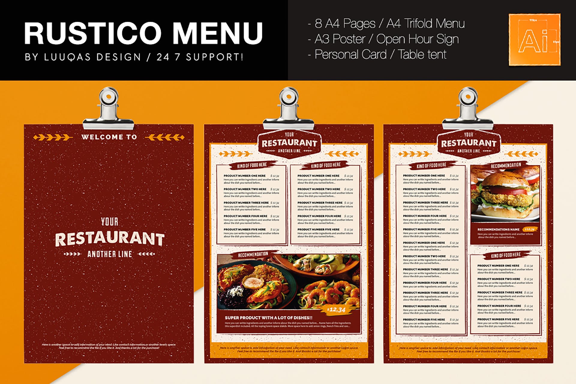 食品菜单小册子设计矢量模板 Rustic Food Menu Illustrator Template_img_2