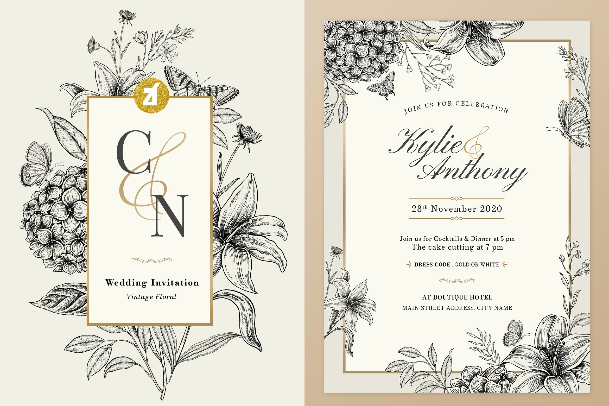 复古玫瑰花花卉水彩插画婚礼请柬邀请卡设计AI矢量模板 Floral Vintage Watercolor Wedding Invitation_img_2