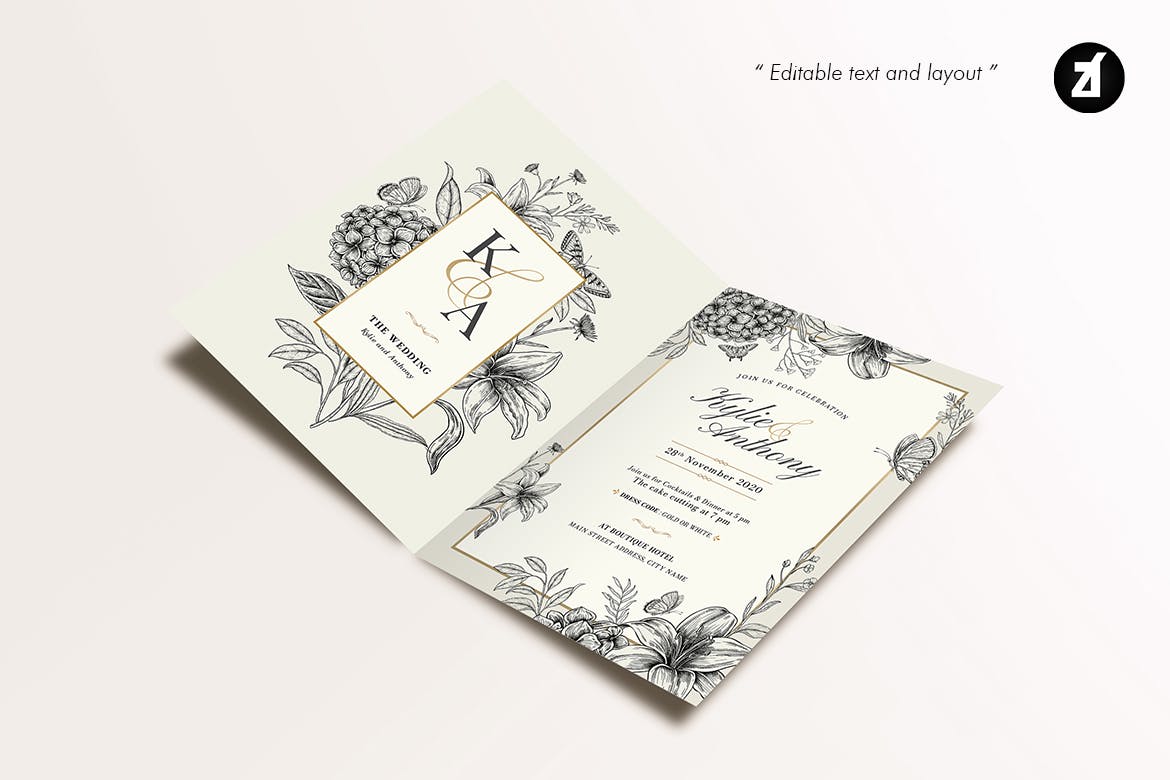 复古玫瑰花花卉水彩插画婚礼请柬邀请卡设计AI矢量模板 Floral Vintage Watercolor Wedding Invitation_img_2