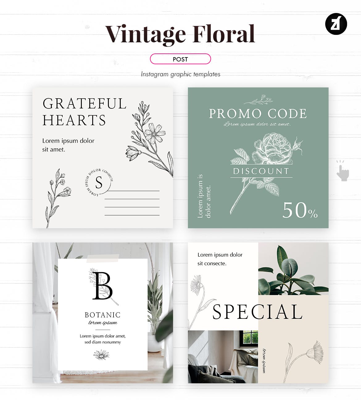 复古花卉品牌推广社交新媒体海报设计PSD模板 Vintage Floral Social Media Graphic Templates_img_2