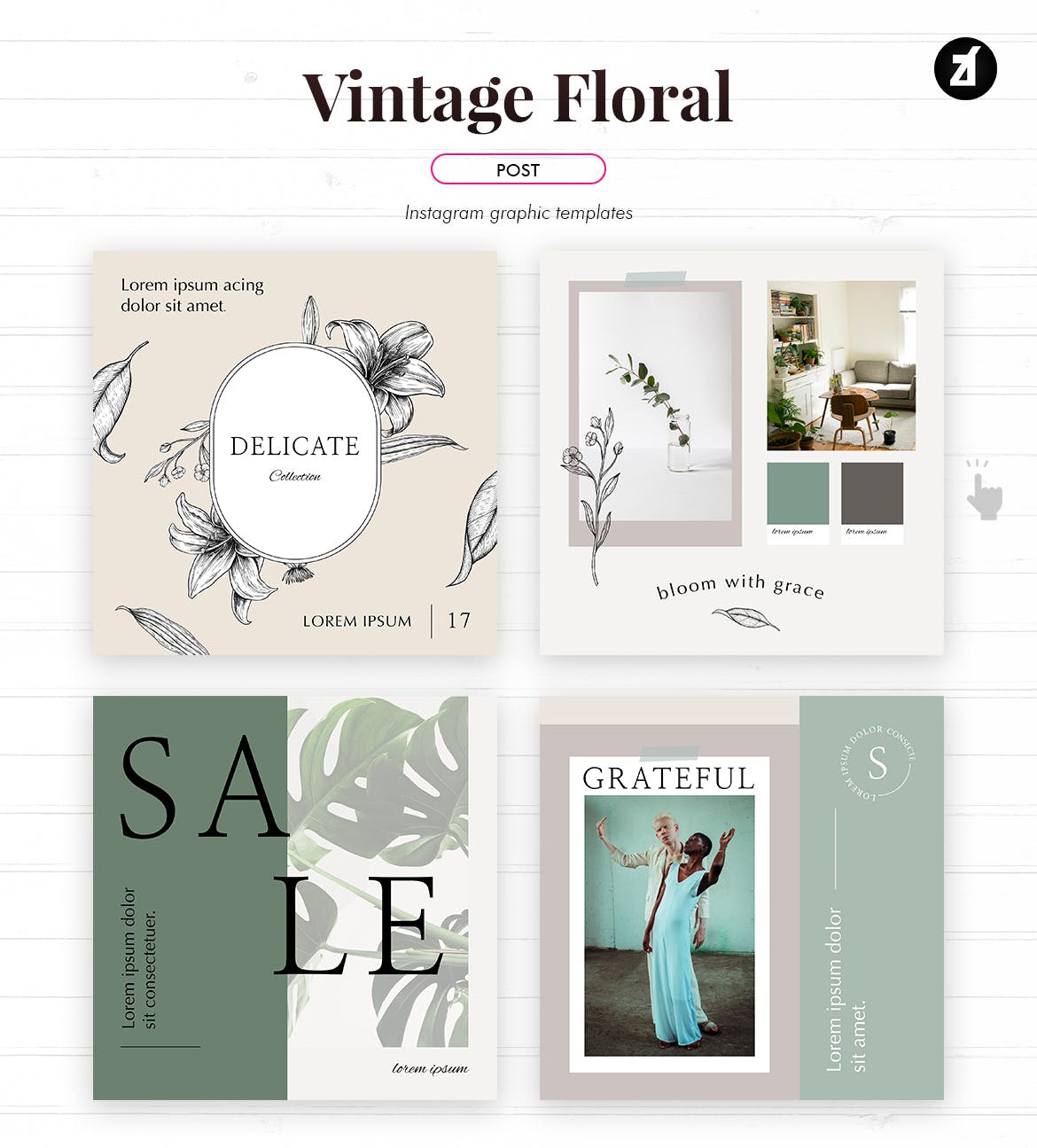 复古花卉品牌推广社交新媒体海报设计PSD模板 Vintage Floral Social Media Graphic Templates_img_2