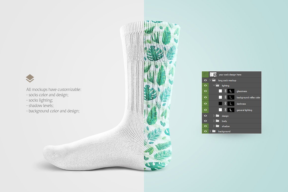 长筒袜子印花设计展示样机模板 Socks Mockup_img_2