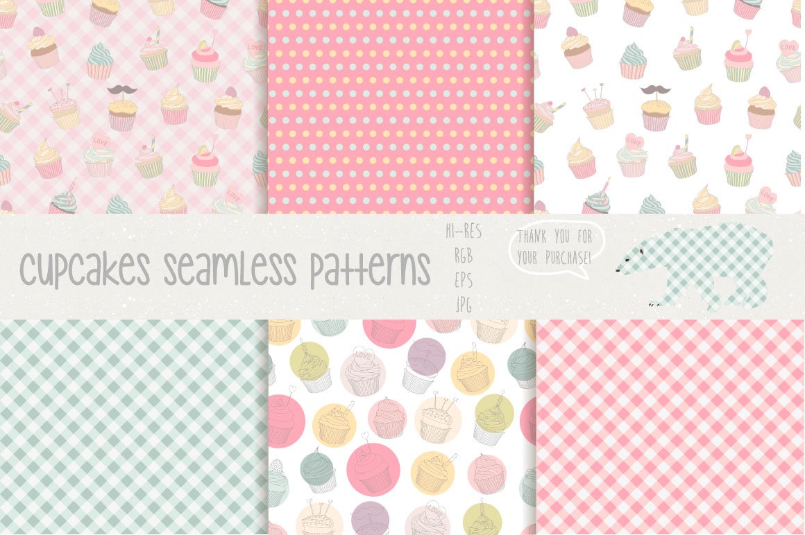 手绘纸杯蛋糕矢量素材 Сupcakes Patterns And Illustration_img_2