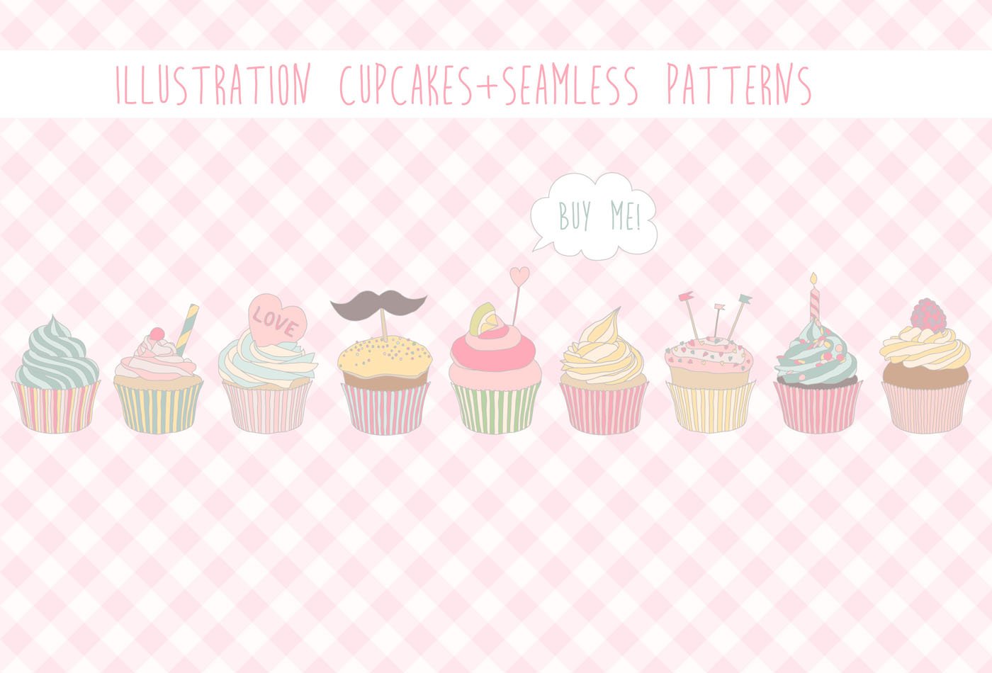 手绘纸杯蛋糕矢量素材 Сupcakes Patterns And Illustration_img_2