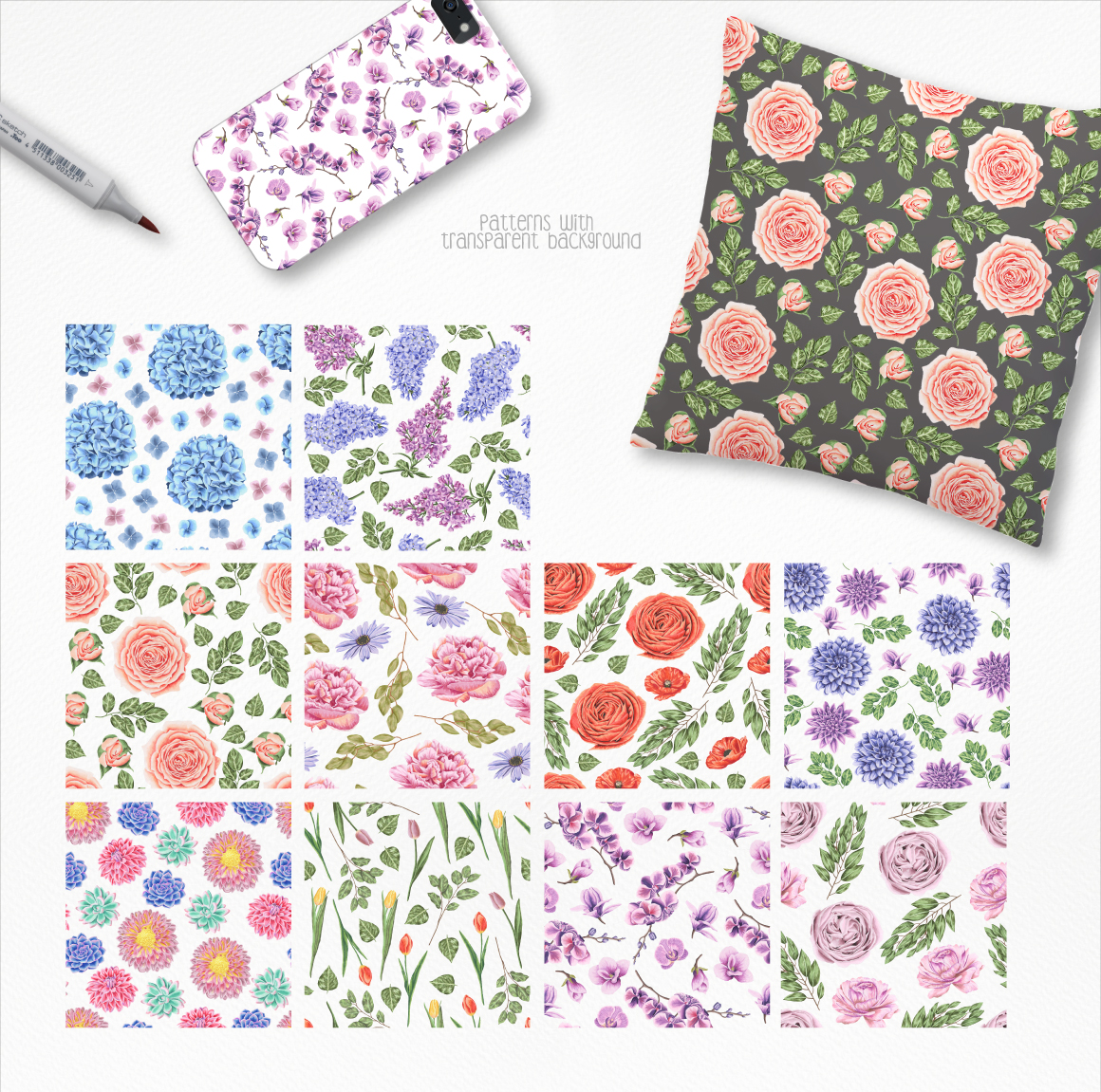 54款高清手绘玫瑰牡丹兰花花卉花圈水彩剪贴画素材 Flower Power Marker Collection_img_2