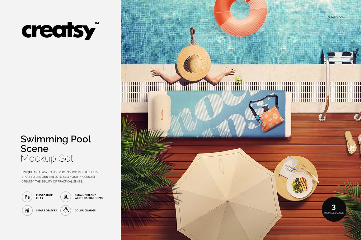 夏季泳池休闲场景元素设计展示样机素材 Swimming Pool Scene Mockup Set_img_2