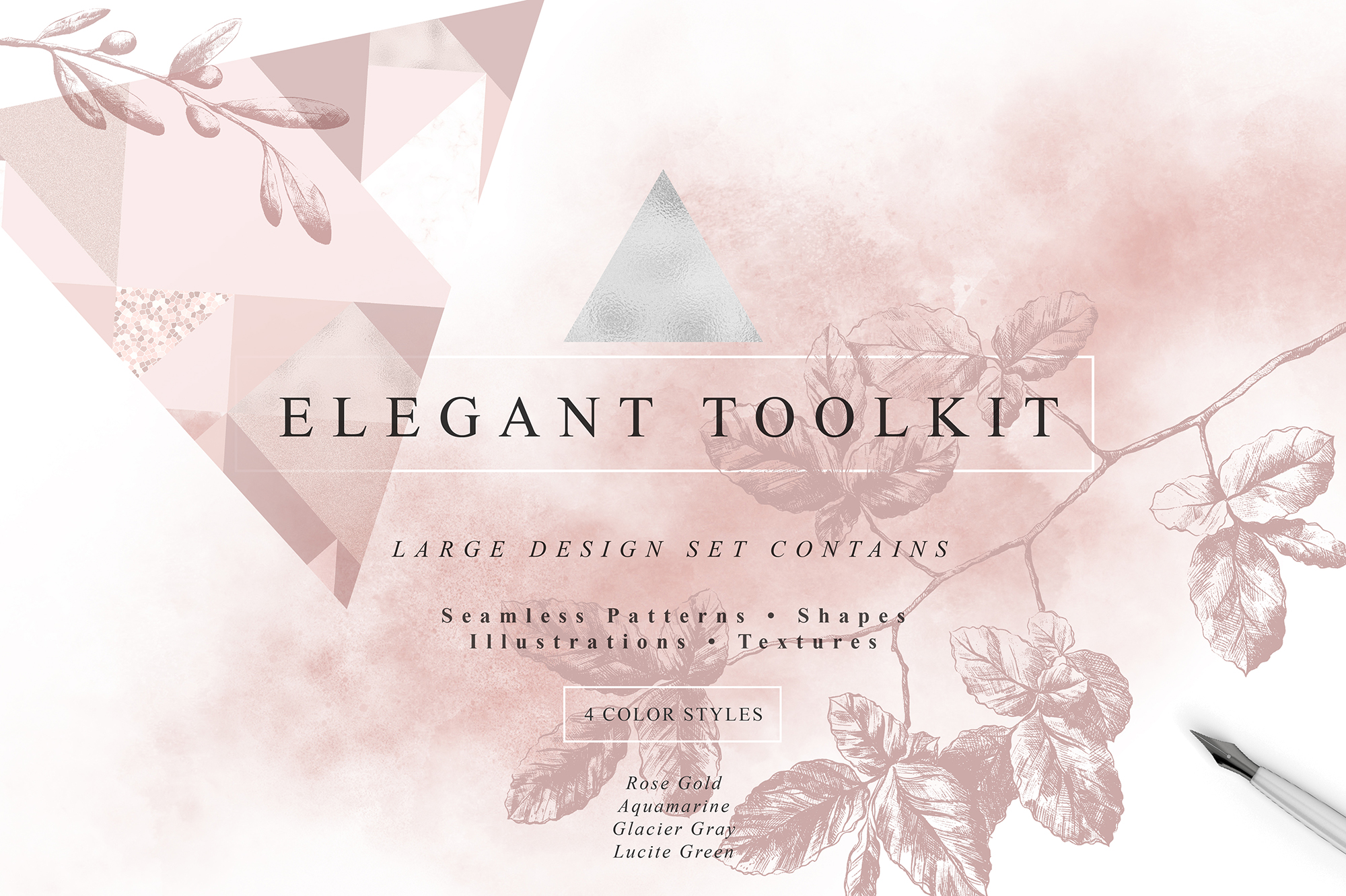 480个优雅手绘水彩花卉几何图案&闪光大理石纹理图片素材 Elegant Toolkit_img_2