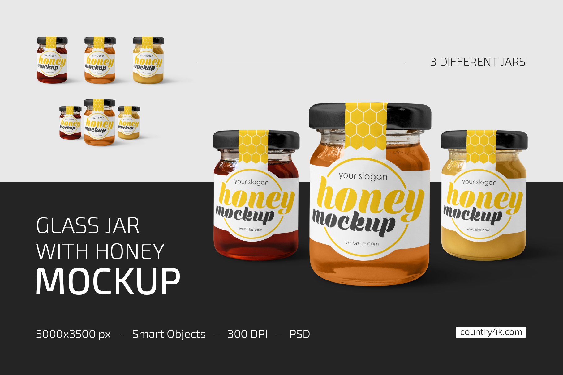 4款蜂蜜玻璃包装罐标签设计展示样机模板集 Glass Jar With Honey Mockup Set_img_2