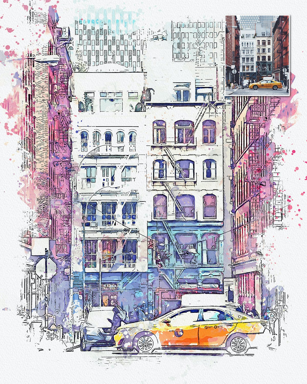 手绘水彩素描效果城市照片后期特效PS动作 Urban Sketch Photoshop Action_img_2