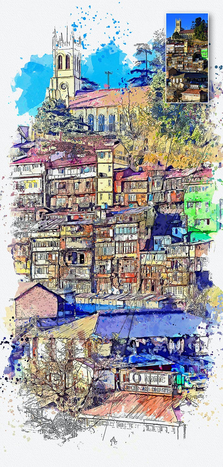 手绘水彩素描效果城市照片后期特效PS动作 Urban Sketch Photoshop Action_img_2