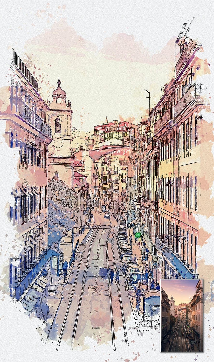 手绘水彩素描效果城市照片后期特效PS动作 Urban Sketch Photoshop Action_img_2