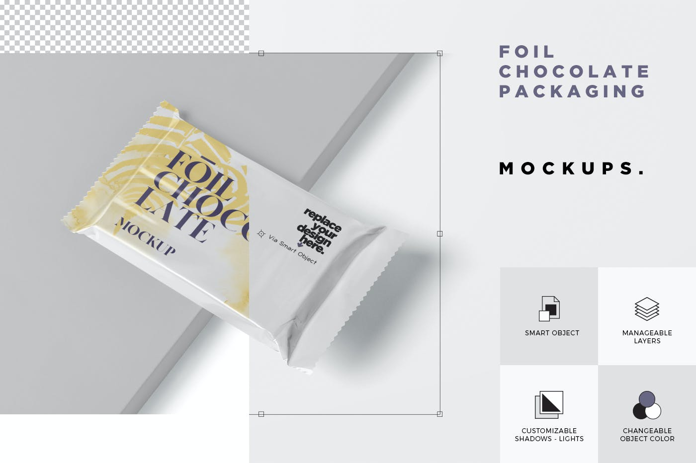 精美铝箔巧克力包装袋设计展示样机 Foil Chocolate Packaging Mockup - Slim Size_img_2