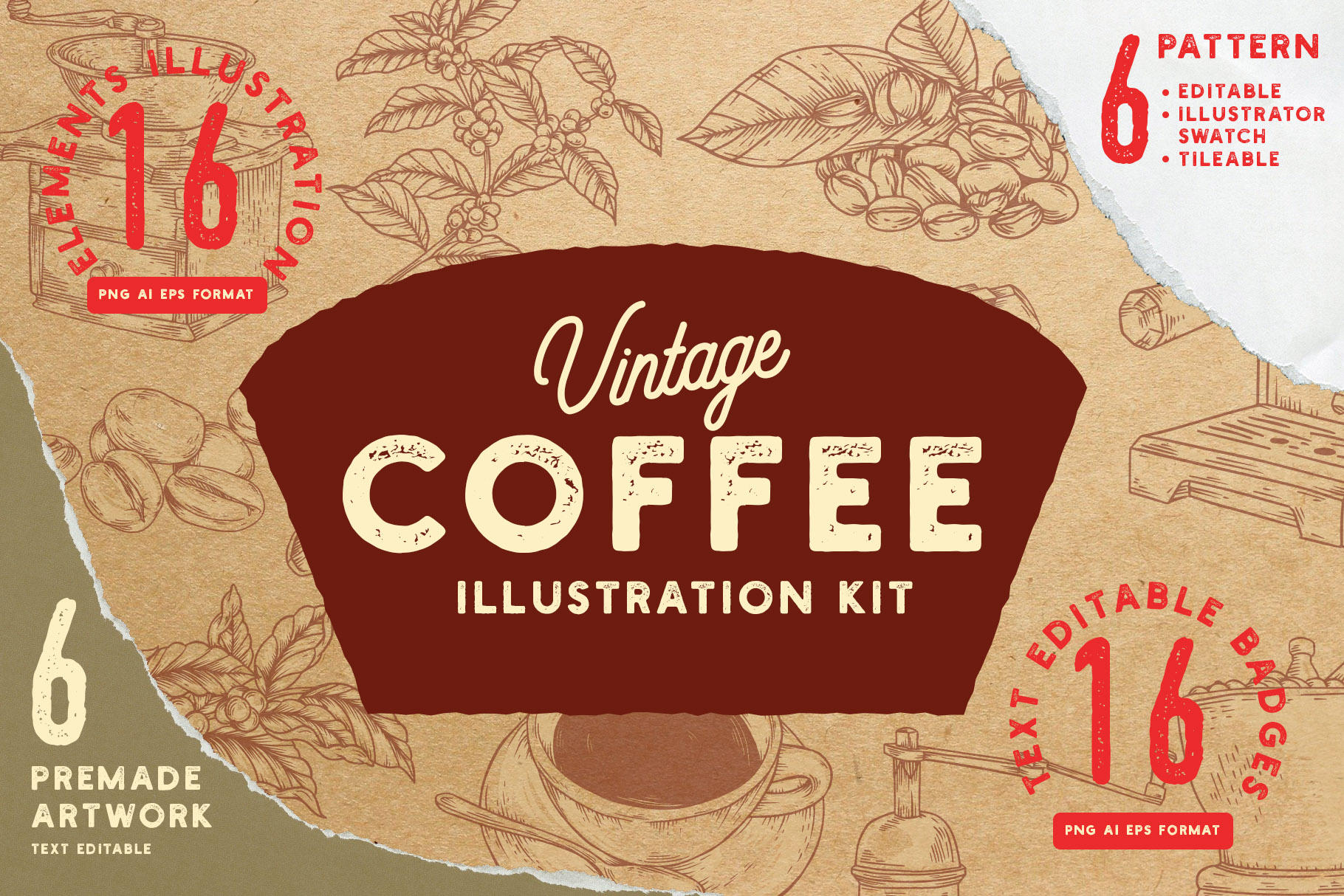 复古老式咖啡品牌LOGO插图元素设计矢量模板 Vintage Coffee Illustration Kit_img_2