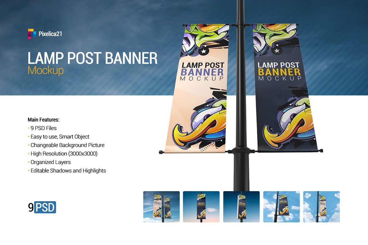 9款灯柱广告旗帜设计展示样机 Lamp Post Banner Mockup_img_2