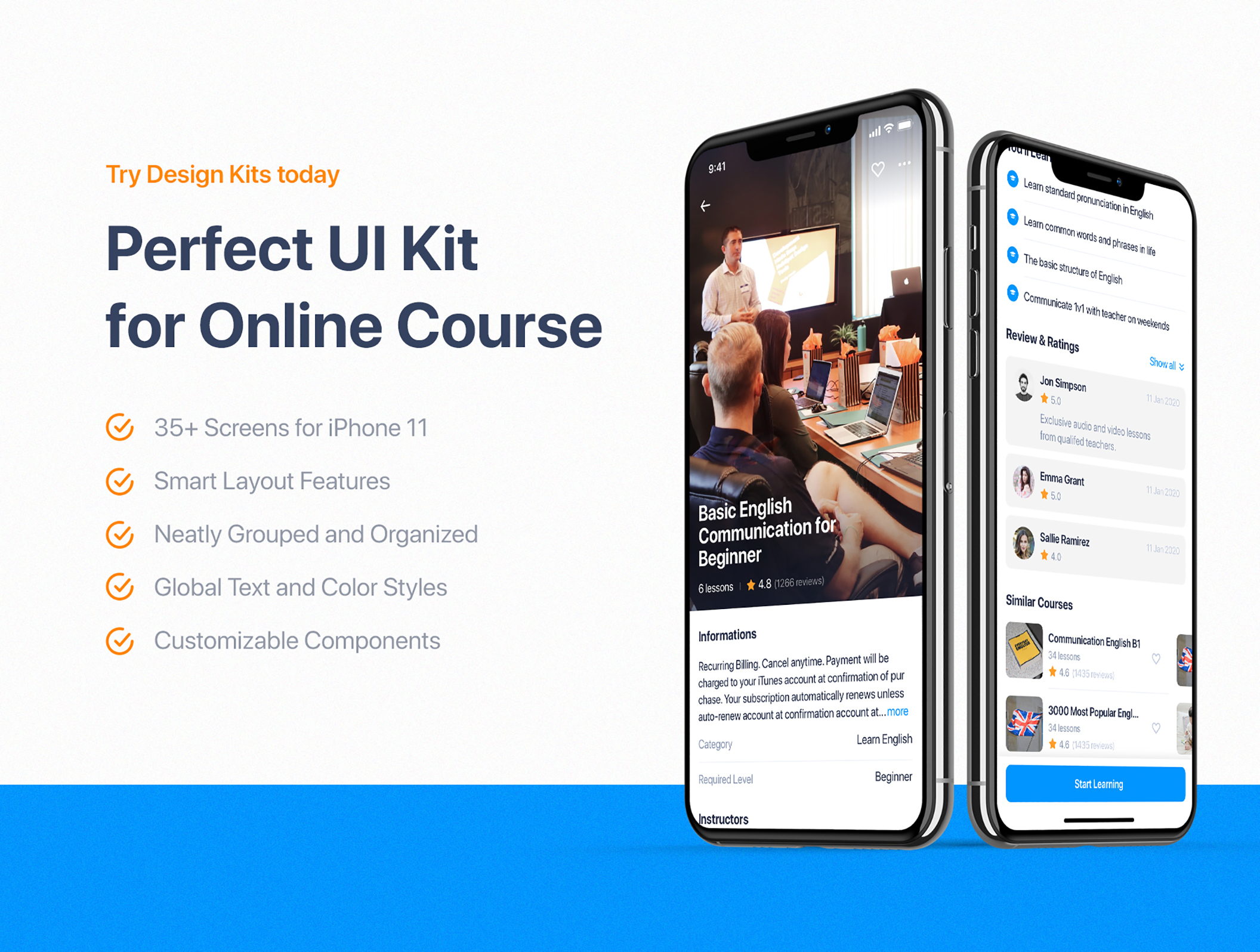 在线教育学习课程应用程序UI界面设计KIT套件 Edulake - Online Course mobile UI Kit_img_2