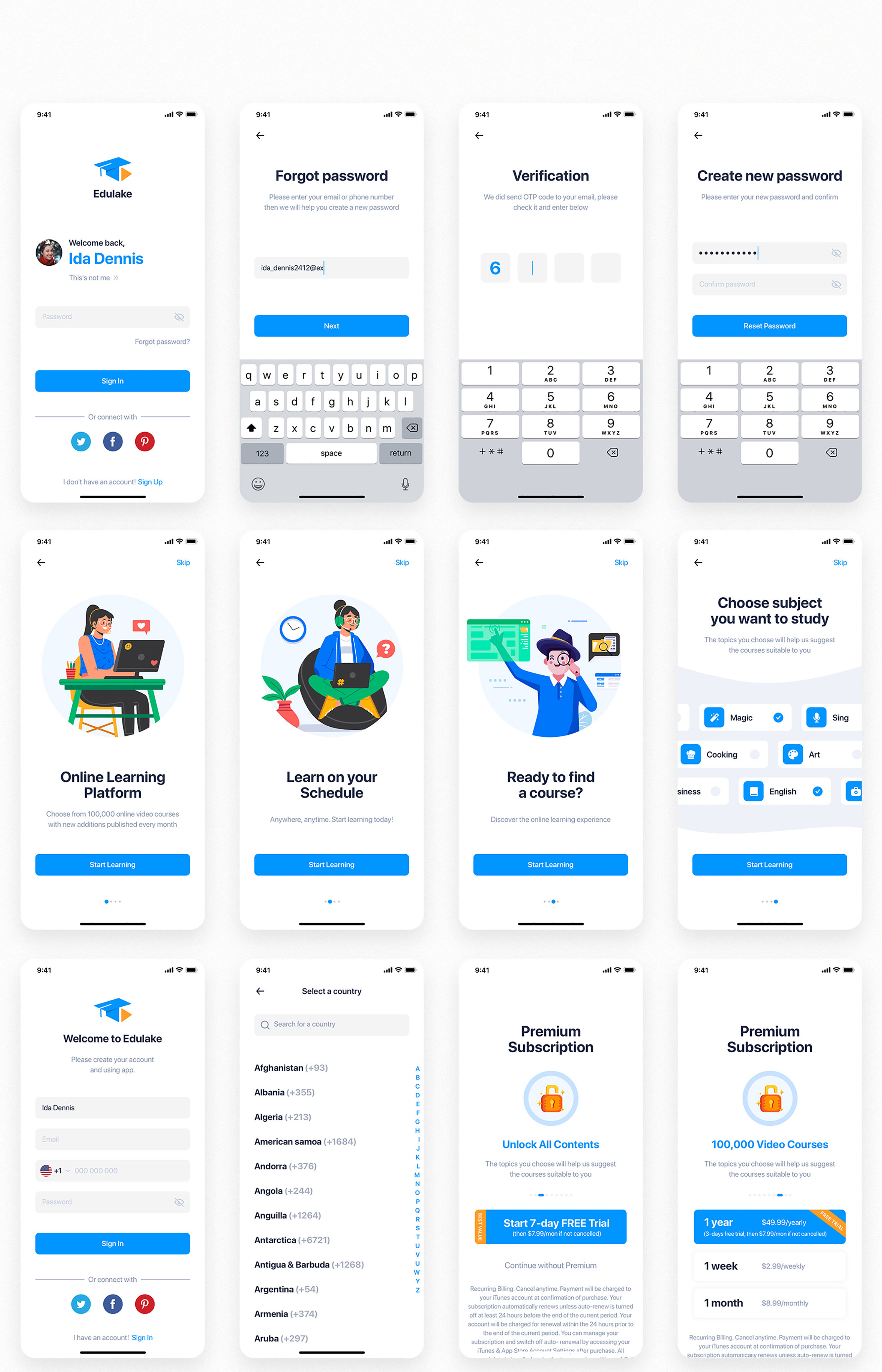 在线教育学习课程应用程序UI界面设计KIT套件 Edulake - Online Course mobile UI Kit_img_2