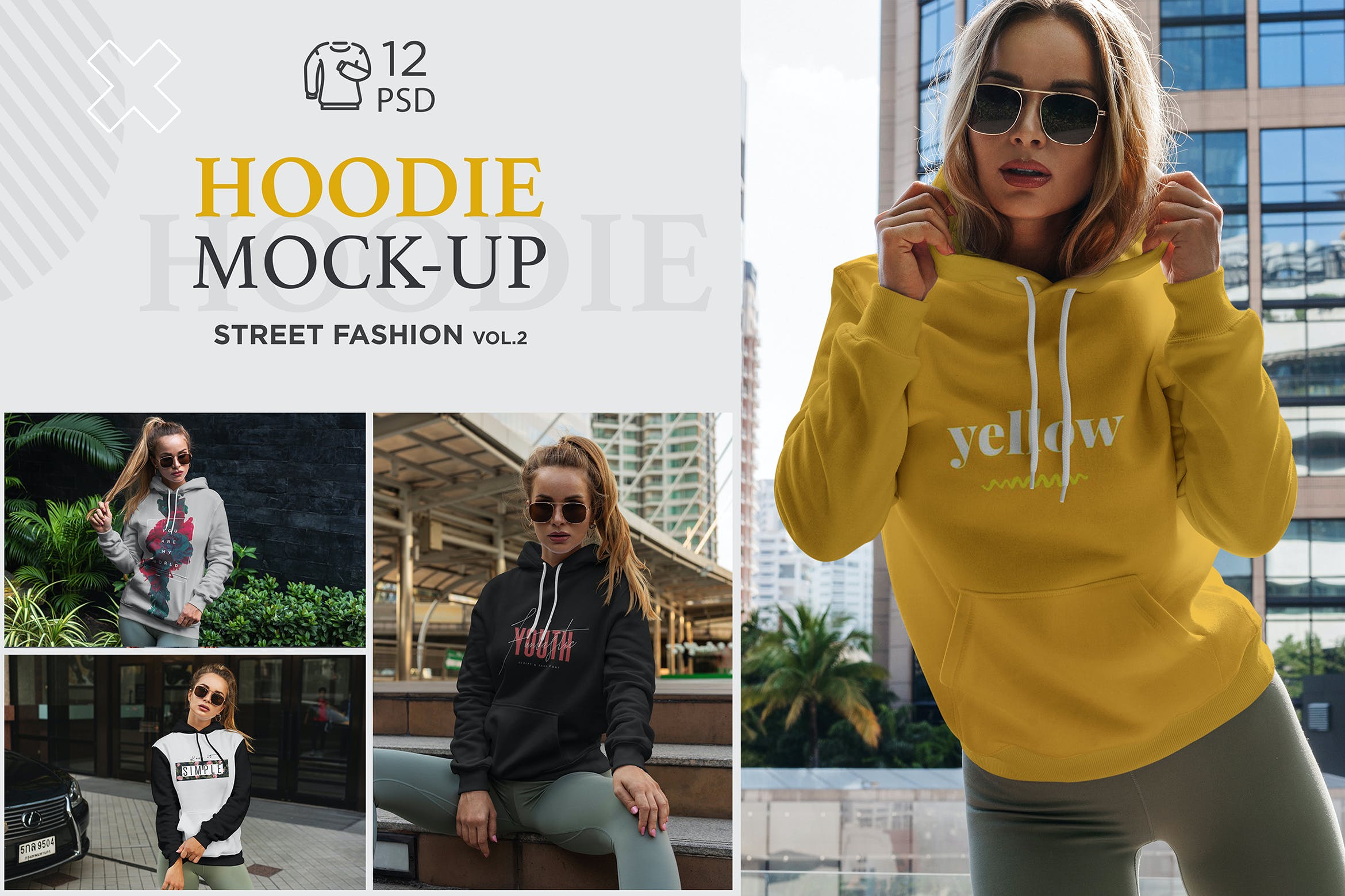 12个女孩连衣帽卫衣印花设计展示样机 Hoodie Mockup Street Fashion Vol.2_img_2