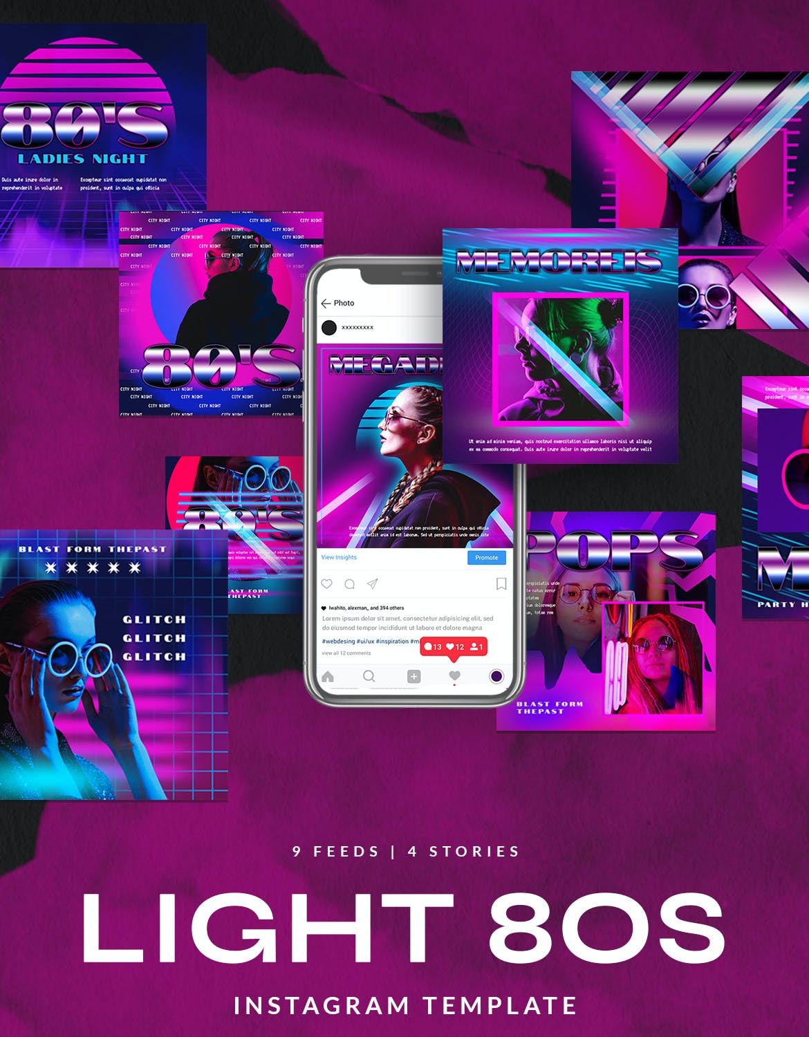 80年代复古时尚霓虹灯效果新媒体海报设计PSD模板 Light80 Instagram Stories 80