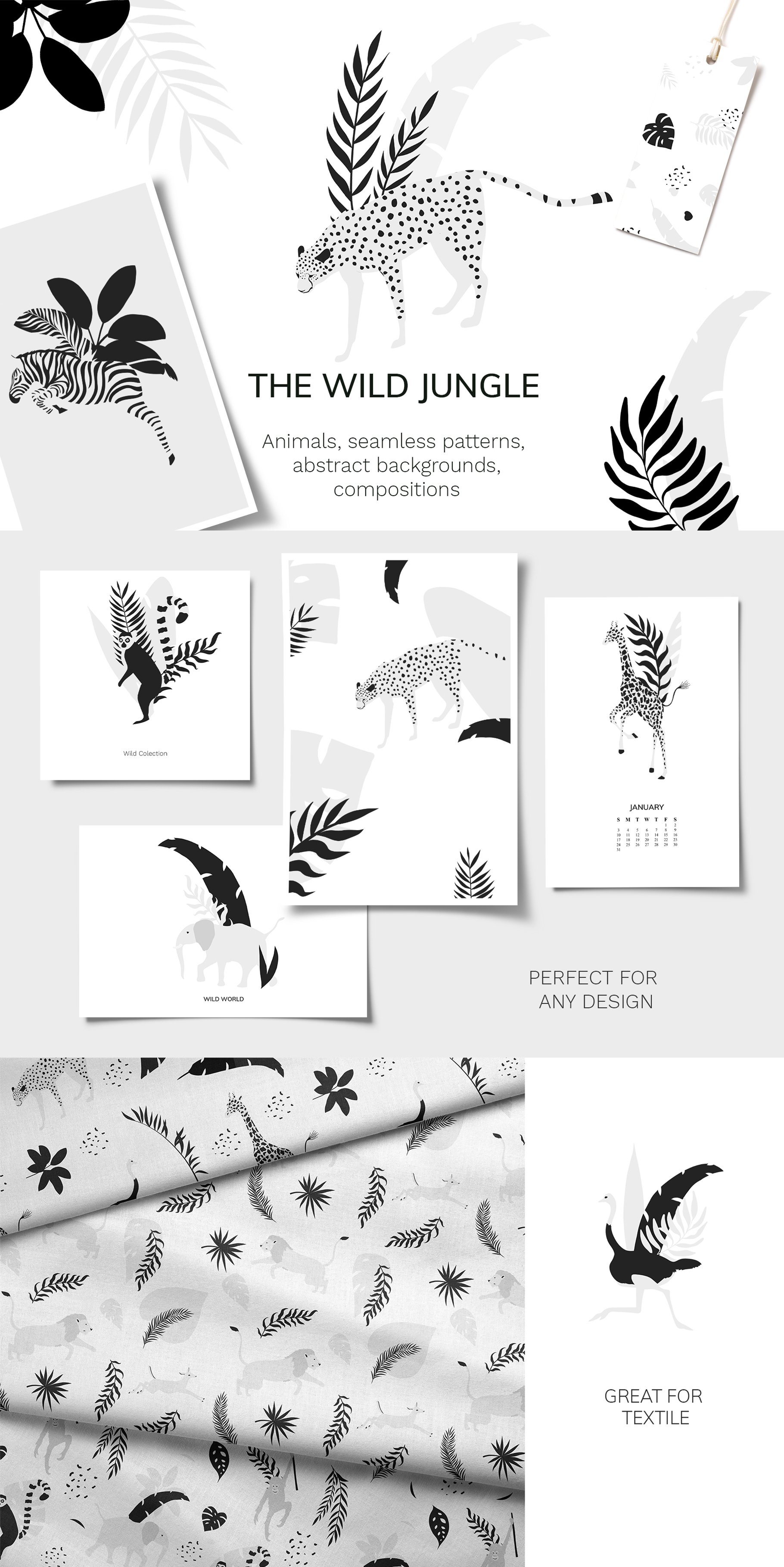 现代抽象丛林动物植物手绘图案矢量插画素材 Jungle Animals Vector Set_img_2