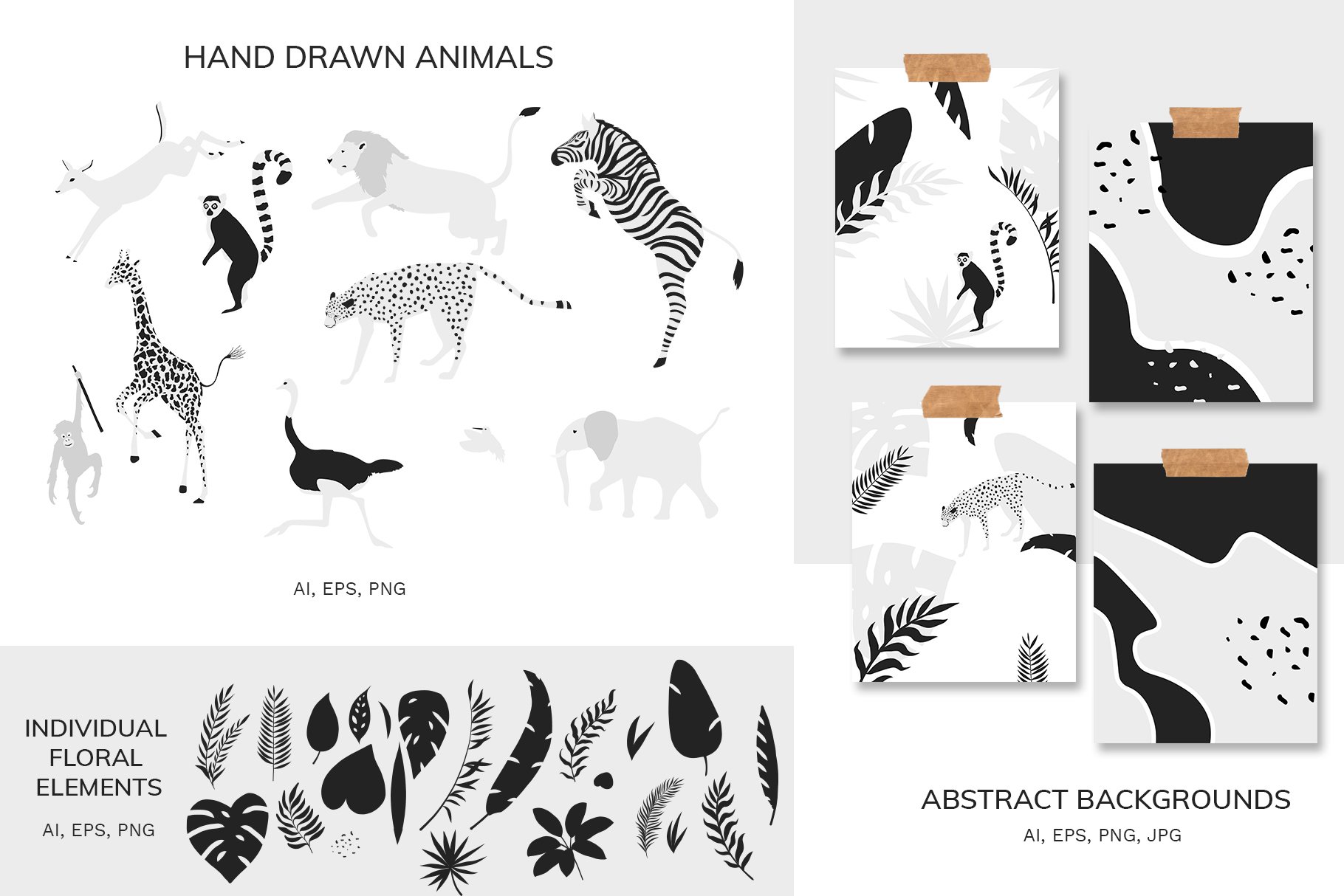 现代抽象丛林动物植物手绘图案矢量插画素材 Jungle Animals Vector Set_img_2