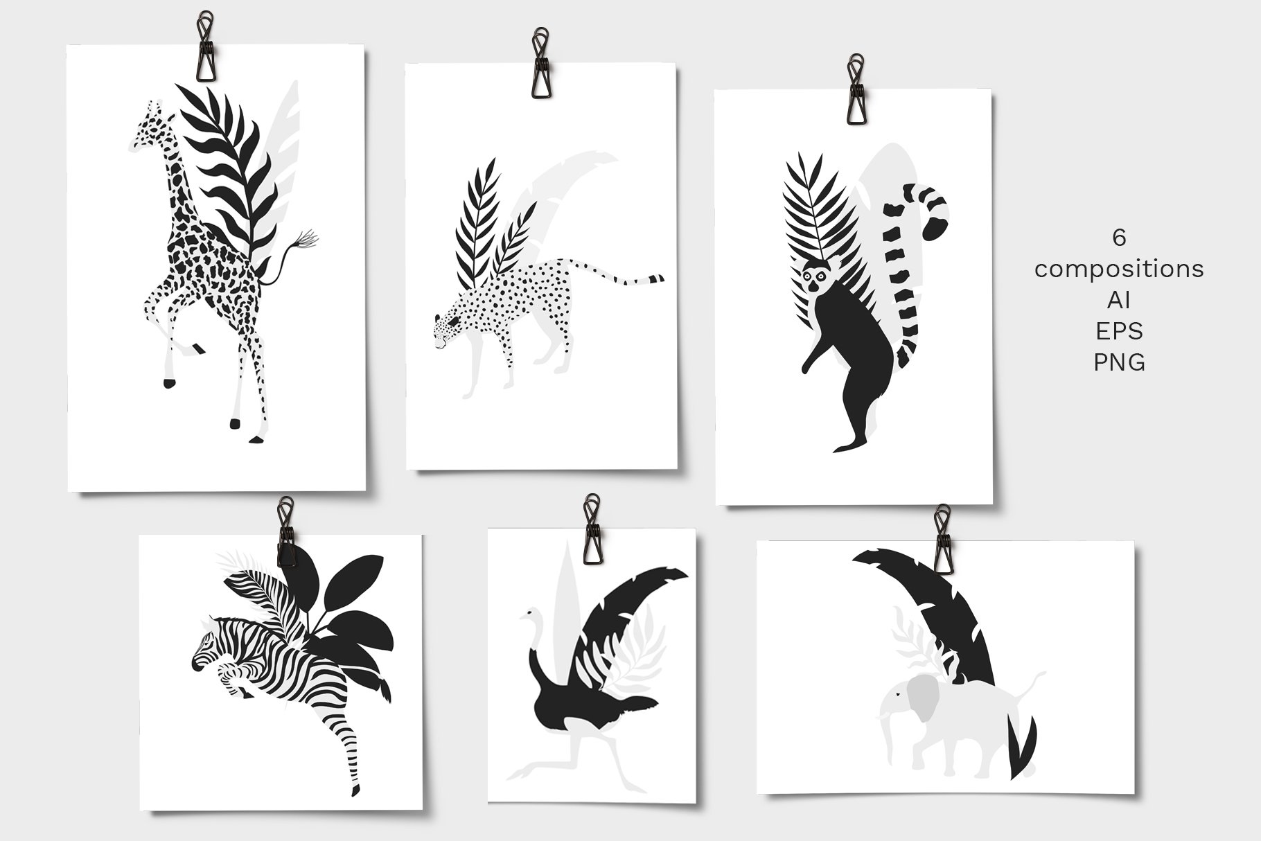 现代抽象丛林动物植物手绘图案矢量插画素材 Jungle Animals Vector Set_img_2