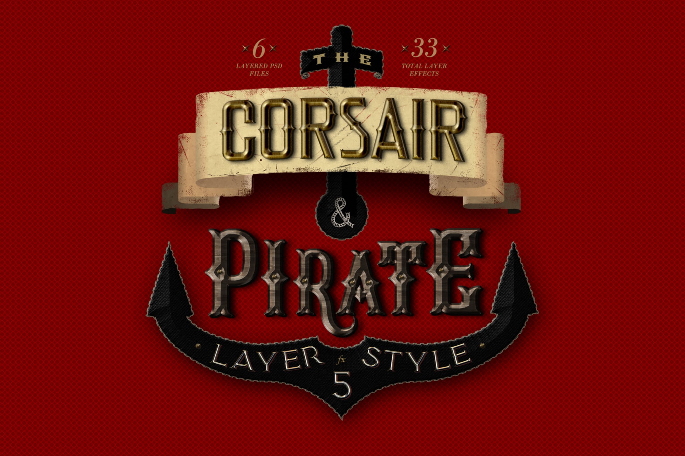 33个复古游戏标题徽标3D文字设计样式模板 Corsair & Pirates Photoshop Layer Styles FX_img_2